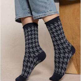 Chaussettes Laine Fine Pieds de Poule  : Coloris - Marine - Femme