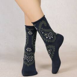 Chaussettes laine fine fleurs cachemire : Coloris - Marine