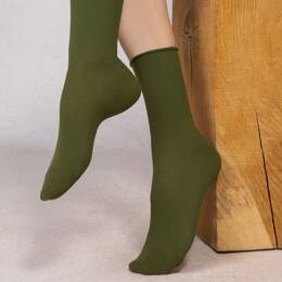 Chaussettes veloutées Coton Bord Roulé  : Coloris - Cyprès