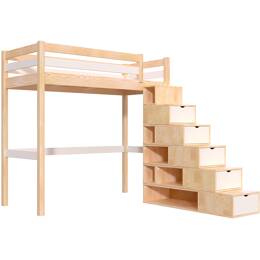 Lit mezzanine bois 90x200 Sylvia avec escalier cube 90x200