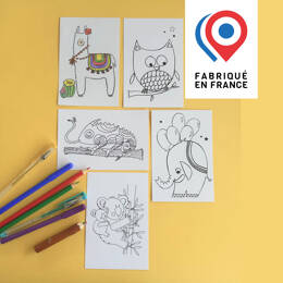CARTE POSTALE - Lot de 5 cartes ANIMAUX - à colorier
