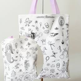 COLORIAGE LAVABLE - Tote-bag Girly enfant en tissu à colorier - recto/verso licorne fée sirène