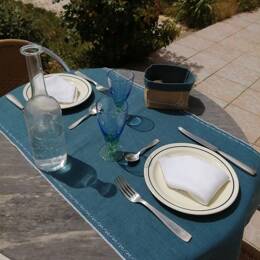 Chemin de table tête à tête en lin Bleu canard