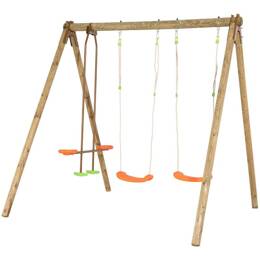 Trigano – Portique En Bois 2,30 M – Pin Traité Autoclave Iv – 3 Agrès Avec Balançoires Orange Et Face-à-face – Installation Stable