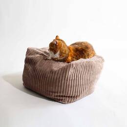Pouf Cube Design Chat - Velours Taupe et Ecru