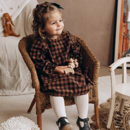 Robe bébé "Margot" à manches longues en coton BIO épais à carreaux vichy noisette et noir