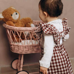 Jupe à bretelles volantées "Anna" en double gaze de coton vichy bordeaux et blanc