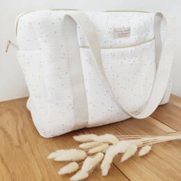 Sac à langer / balade / week-end en double gaze de coton blanc pois dorés doublé coton BIO