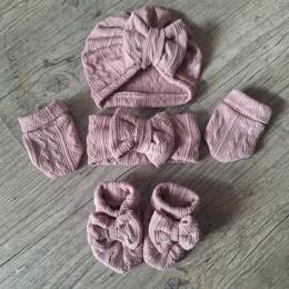 Ensemble en tissu maille de coton façon tricot jacquard Turban nœud + moufles + bandeau + chaussons assortis