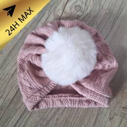 Turban 0.3 mois Pompon Maille de coton façon jaquard Vieux Rose  Oeko-Tex - En Stock - Expédiés sous 24H