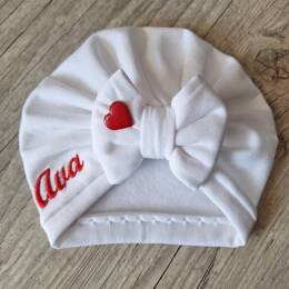 EDITION LIMITÉE : Turban bonnet nœud, buns ou simple personnalisable Prénom brodé, COEUR ROUGE tissu sweat fourré et chaud 15 couleurs