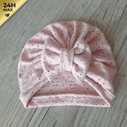 Turban nœud jersey ajouré broderie anglaise rose – Naissance/Maternité – Expédié sous 24h