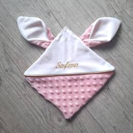 Doudou lapin personnalisé 20x20cm avec Prénom et/ou Date de naissance tout en minky