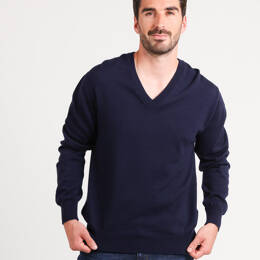Pull homme col V 100% laine mérinos bleu marine