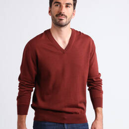 Pull homme col V  100% laine mérinos rouge terre de sienne