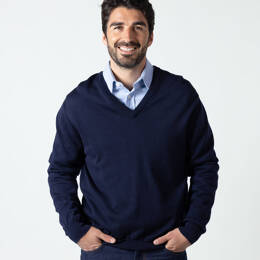 Pull homme col V 100% laine mérinos bleu marine