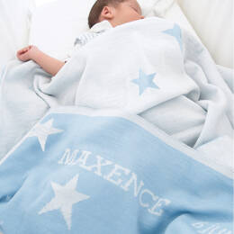 Plaid bébé étoiles 100% laine bleu pastel