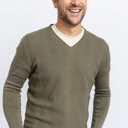 Pull homme col V chevrons en coton Vert Kaki