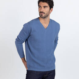 Pull homme col V chevrons en coton Bleu infini