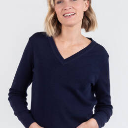 Pull femme col V en laine bleu marine