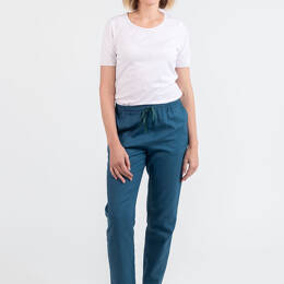 Pantalon femme en lin et coton bleu paon