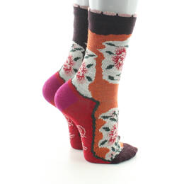 Chaussettes bébé laine peignée fleurs sur fond orange et bordeaux
