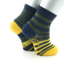 Chaussettes bébé laine peignée rayures asymétriques bleu marine, kaki et jaune