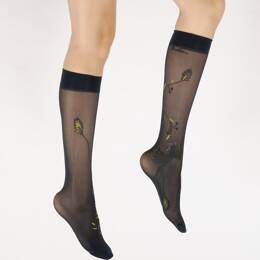 Mi-bas 30D femme marine oiseau gris et jaune