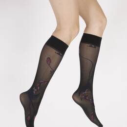 Mi-bas 30D femme noir oiseau marine et rose