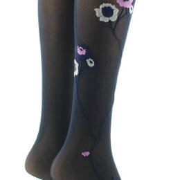 Mi-bas 30D marine Fleurs roses et beige