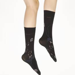 Mi-bas femme 40D noir oiseau lyre marine et rose