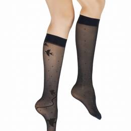 Mi-bas fins 30 deniers femme asymétriques marine pois kaki et oiseaux noir
