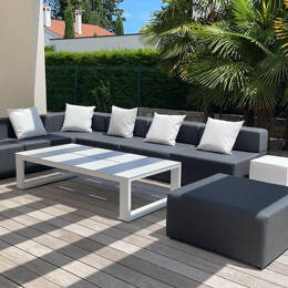 Sun pack canapé extérieur COZIP | 2 Fauteuils d'angle 80x80x40cms + 4 Fauteuils 80x80x40cms+ 1 pouf 40x40x40cms +1 pouf 80x80x40cms + 1 Housse de protection