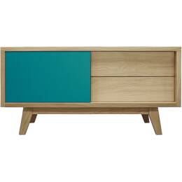 Buffet TV chêne massif et laqué 1 porte 2 tiroirs