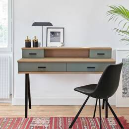 Bureau chêne massif et laqué 4 tiroirs