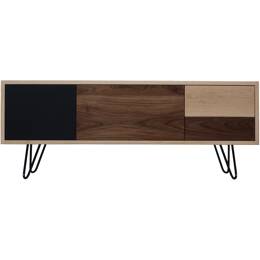 Buffet TV chêne et noyer massif 1 porte 1 abattant 2 tiroirs