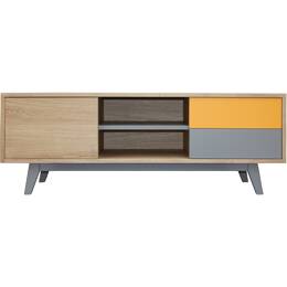 Buffet TV chêne massif et laqué 1 coulissant 1 niche 2 tiroirs