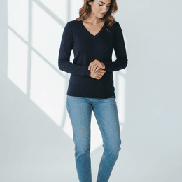 Pull col V "Alizée" 100% laine mérinos - Marine - Femme