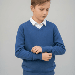 Pull col V Mael 50% coton - Bleu Jean - Enfant