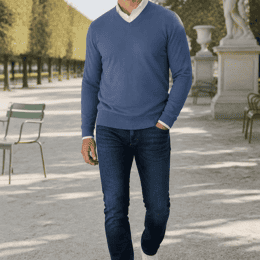 Pull col V "Petit Helice" laine mélangée - Bleu horizon - Homme