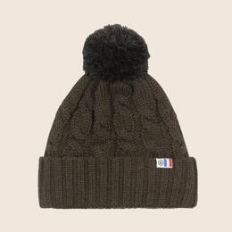 Bonnet pompon laine kaki noir