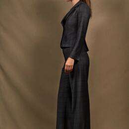 Tailleur Femme Veste Courte Pantalon Coupe Flair Laine Bleu Marine à Carreaux - Certitude