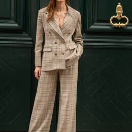 Tailleur Femme Veste Croisée Pantalon Large Laine à Carreaux Gris Clair - Palace