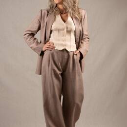 Tailleur Femme Veste Pantalon Large en Lin Marron Rayé – Illusion