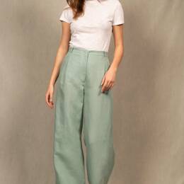 Pantalon Tailleur Femme Large en Lin Bleu Céladon – Illusion
