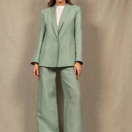 Tailleur Femme Veste Pantalon Large en Lin Bleu Céladon