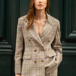 Veste Tailleur Femme Croisée en Laine à Carreaux Gris-bleu – Palace