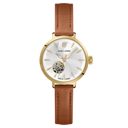 Montre Aut Femme SOLINE Doré Cadran Argenté Bracelet Cuir Brun 12 MM