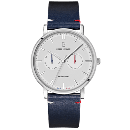 Quartz Homme ESSENTIAL Argenté Cadran Blanc Bracelet Cuir Bleu 20M