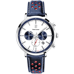 Montre Homme BARON Cadran Blanc Bracelet Cuir Perforé Bleu